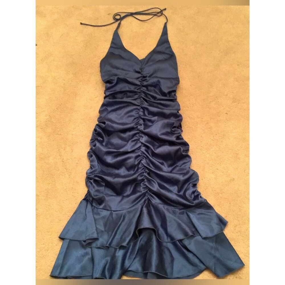 Vintage Cache’ Blue Ruched Halter Satin Dress